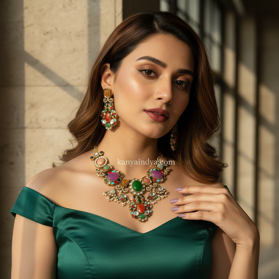 Multi Orange Marble Doublet Sabya Inspired Necklace Set