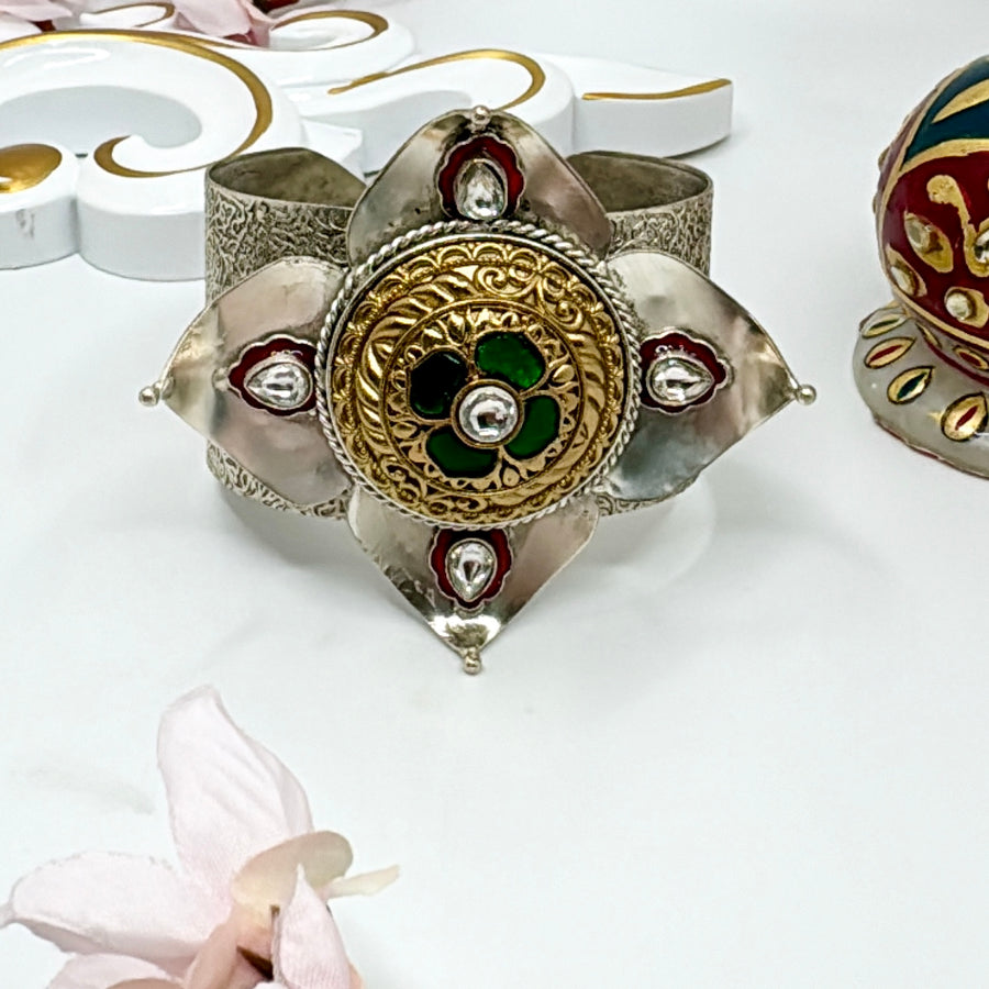 Green & Ruby Silver Lookalike Cuff Bracelet