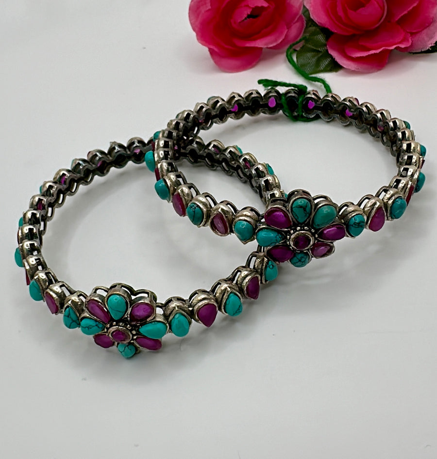 Ruby&Turquoise Silver Lookalike Bangle Pair (Non-Openable Size 2.4)