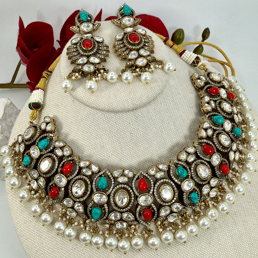 Coral Red & Turquoise Moissanite Necklace Set
