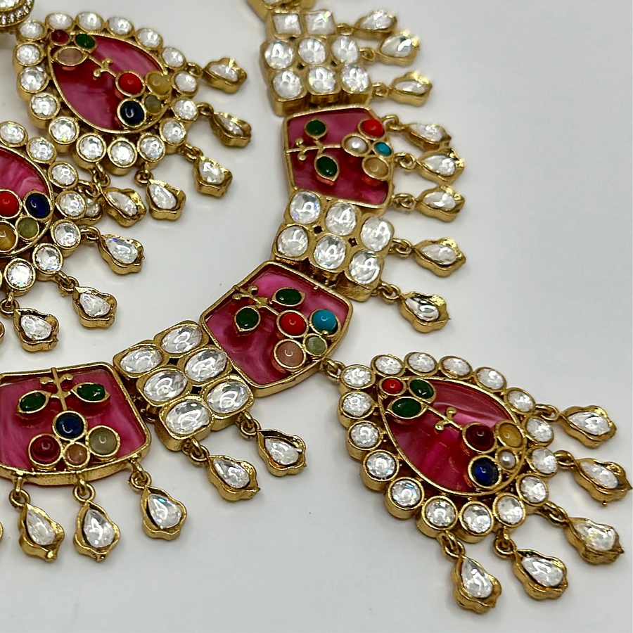 Hot Pink Kundan & Glass Stone With Inlay Work Necklace Set