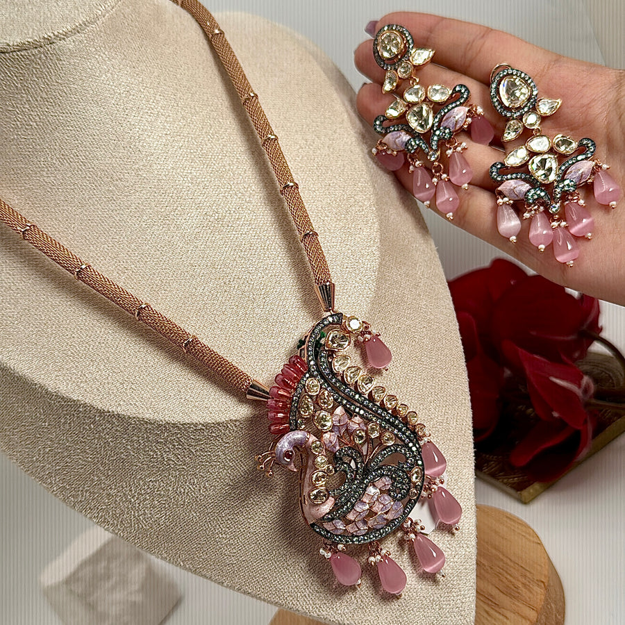 Pink Cubic Zirconia Peacock Pendant Necklace Set