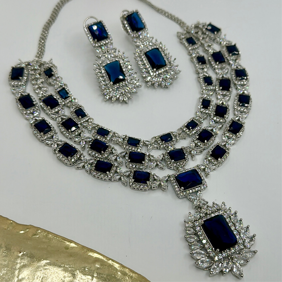 Blue American Diamonds Three Layers Necklace Set