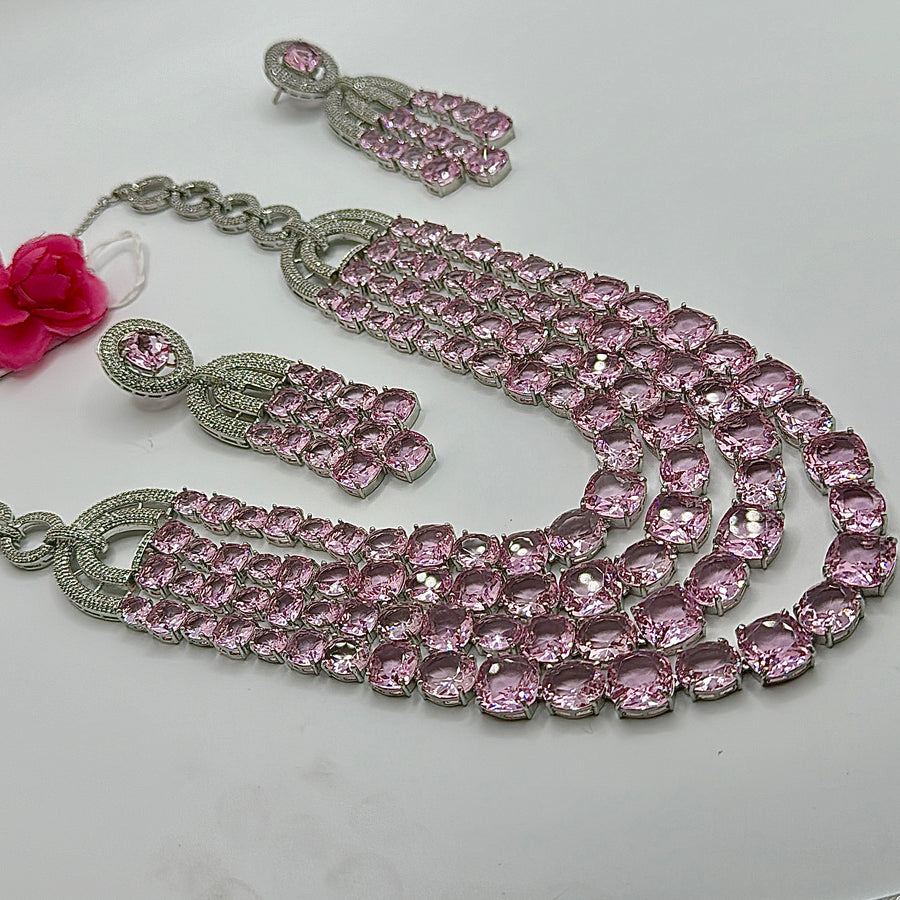 Pink Three Layer Premium CZ American Diamonds Statement Necklace Set