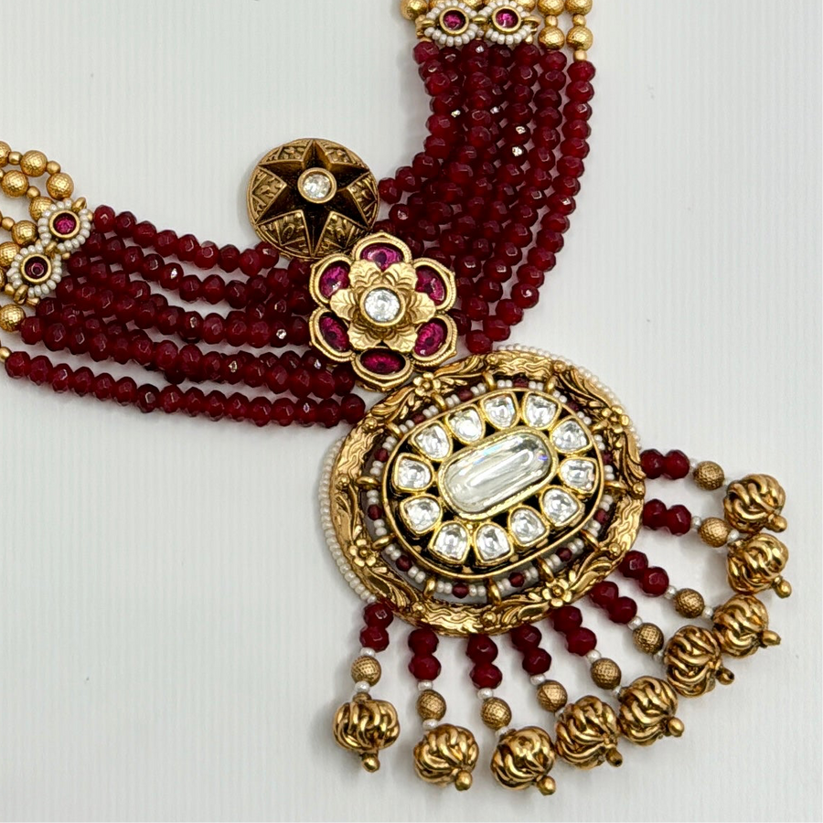 Ruby Red Antique Gold Kundan Long Necklace Set