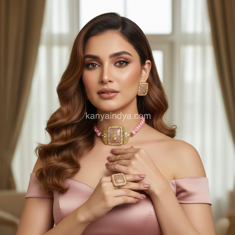 Pink Apala Inspired Glass Stone With Inlay Work Dori Choker Necklace Set