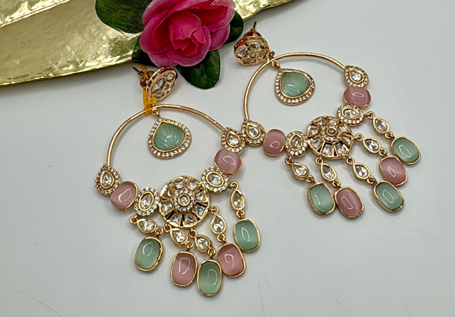 Mint And Pink Kundan Chand Bali