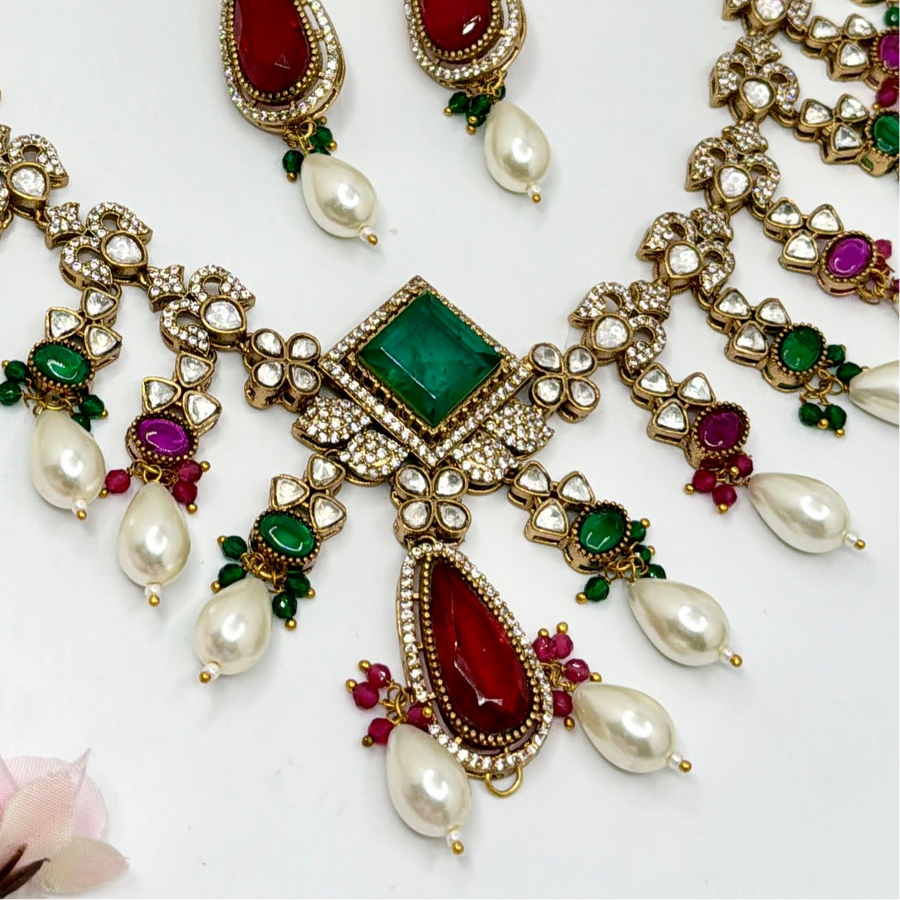 Green & Ruby Moissanite Kundan Necklace Set