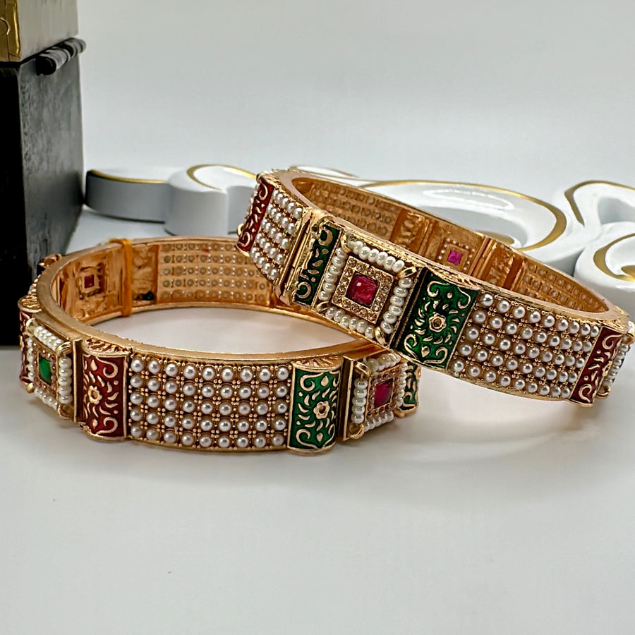 Pearl Antique Gold Openable Rajwadi Bangle Pair With Meenakari (Size 2.6)