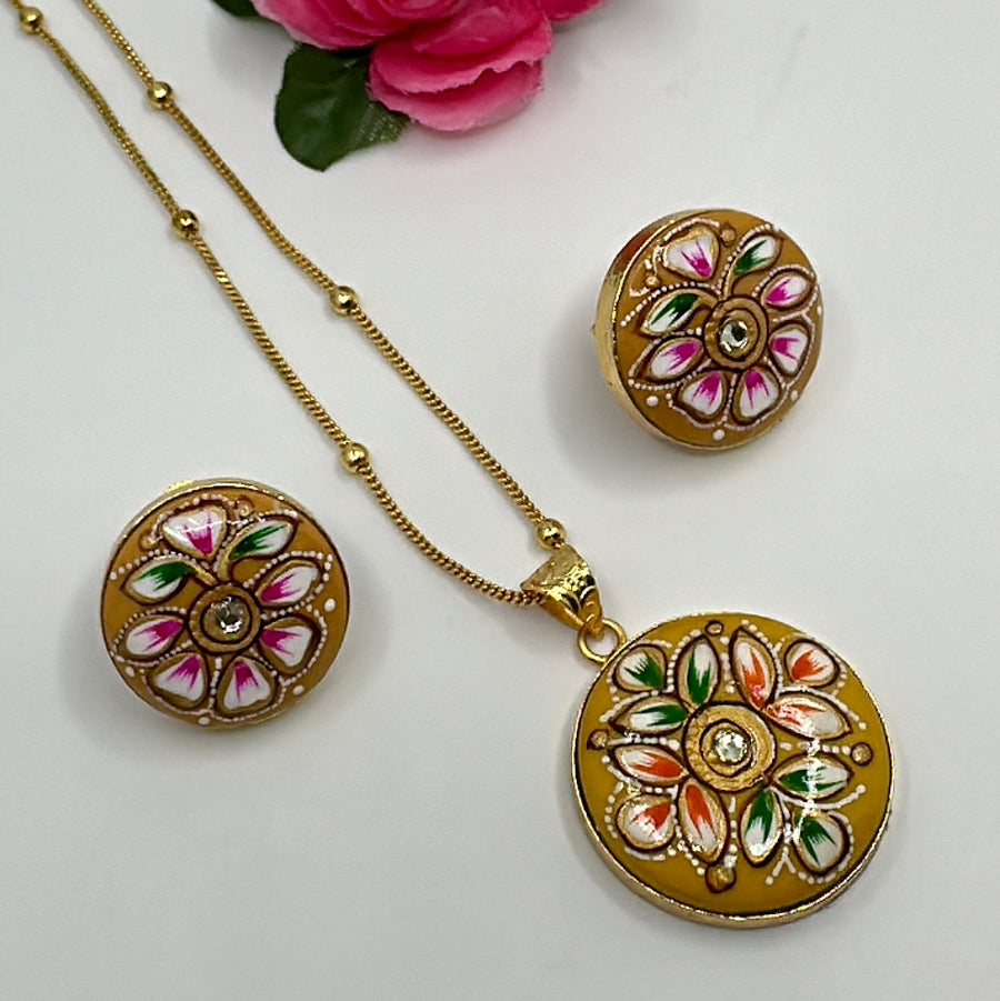 Yellow Tanjore Pendant Set