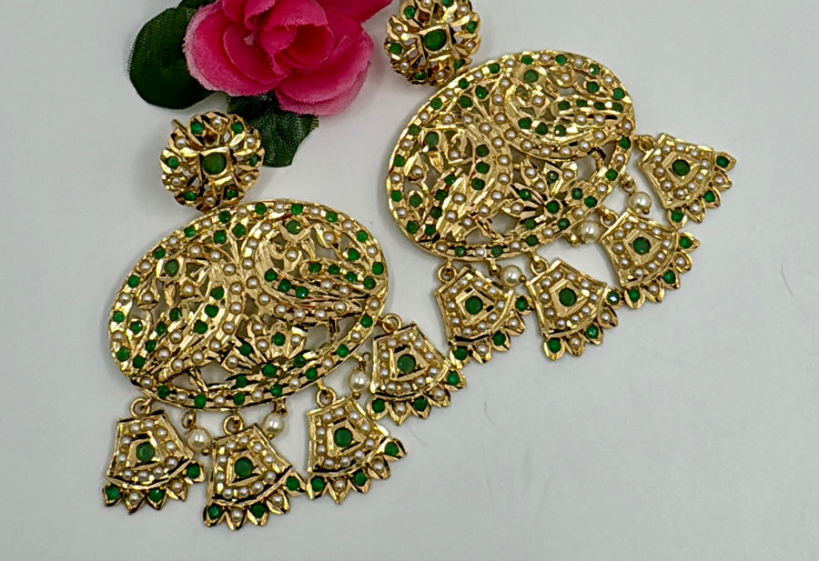 Green Punjabi Jadau Statement Earrings