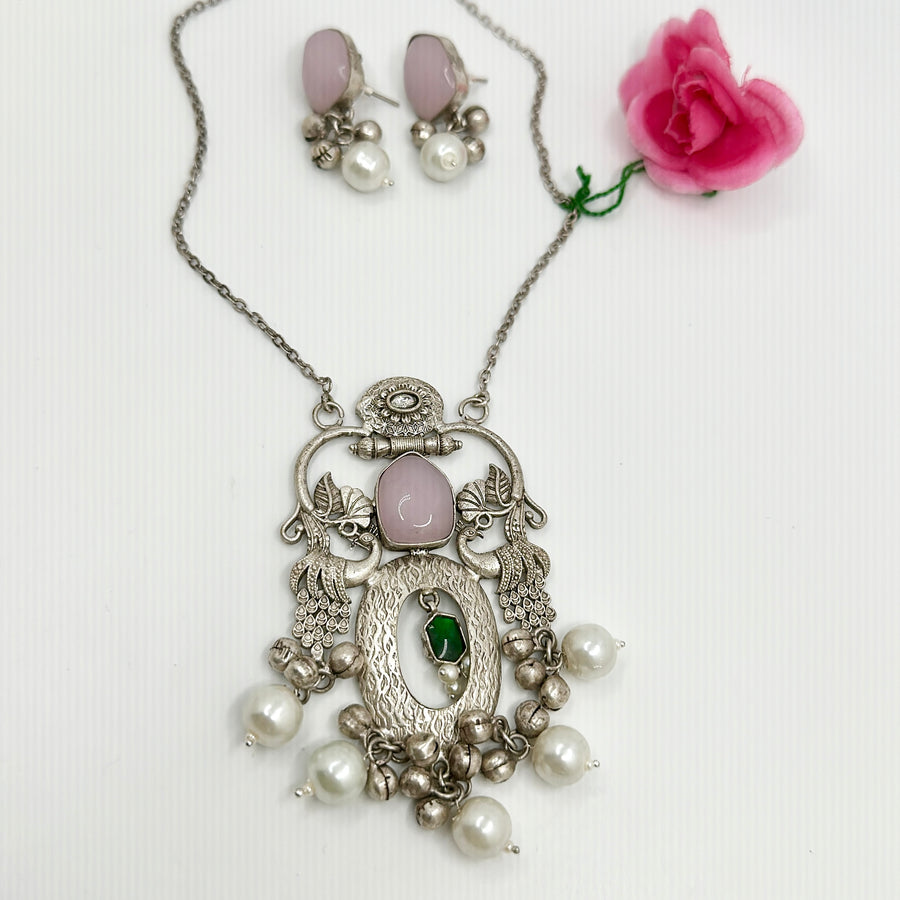 Pink Silver Lookalike Pendant Set