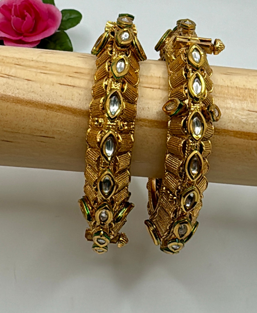 Clear Antique Gold Kundan Pacheli Bangle pair (Openable Size 2.2)