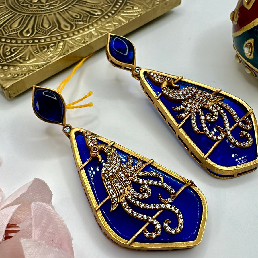 Blue Enamel Earrings With American Diamonds Inlay Work