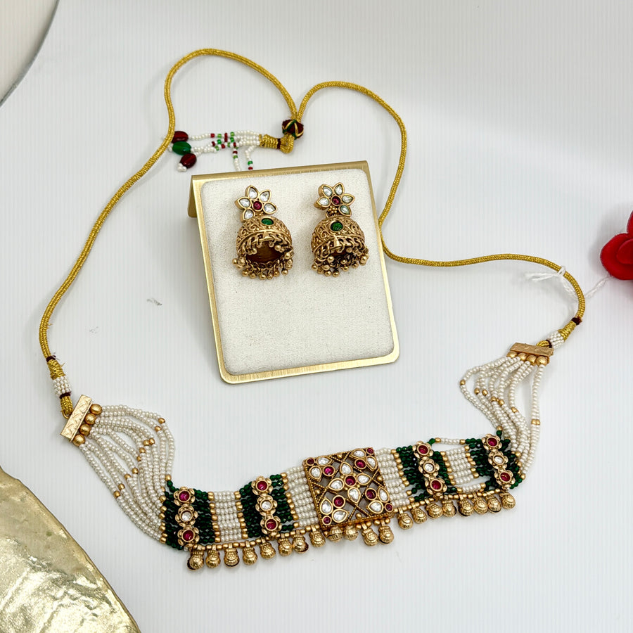 Red & Green Antique Gold Necklace Set