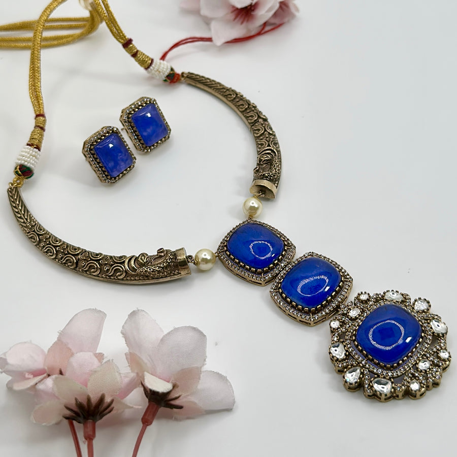 Blue Doublet Moissanite Gold Hasli Necklace Set