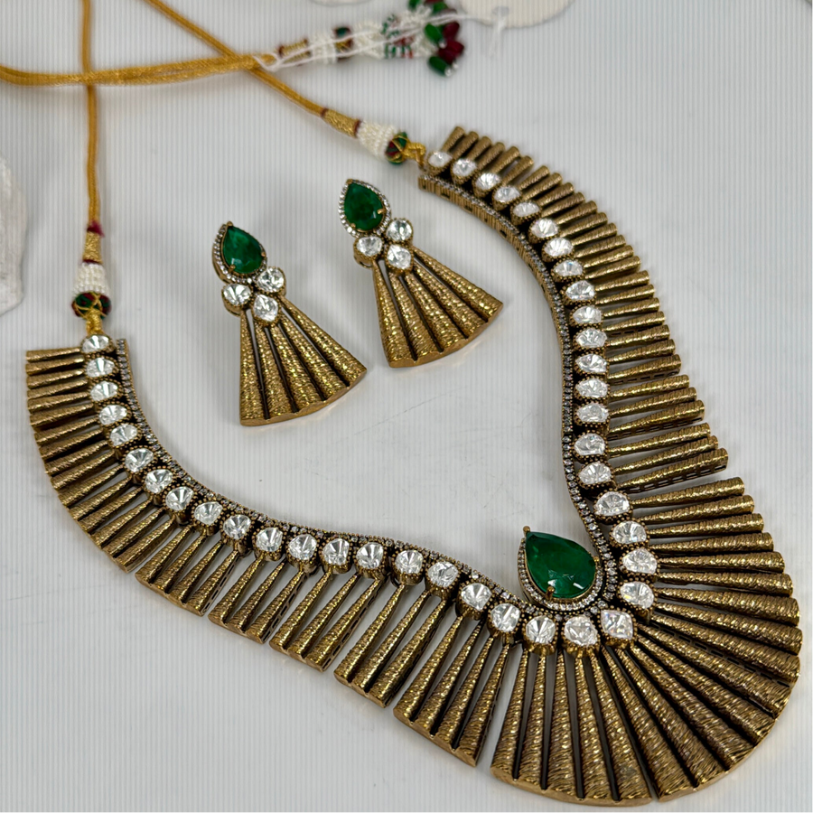 Green Doublet Moissanite Antique Gold Chic Necklace Set