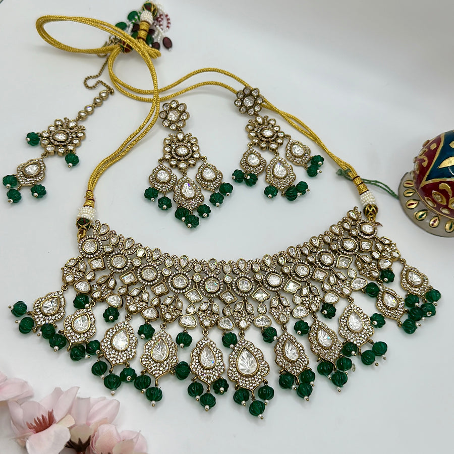 Green Moissanite Kundan Statement Necklace Set With Mang Tika