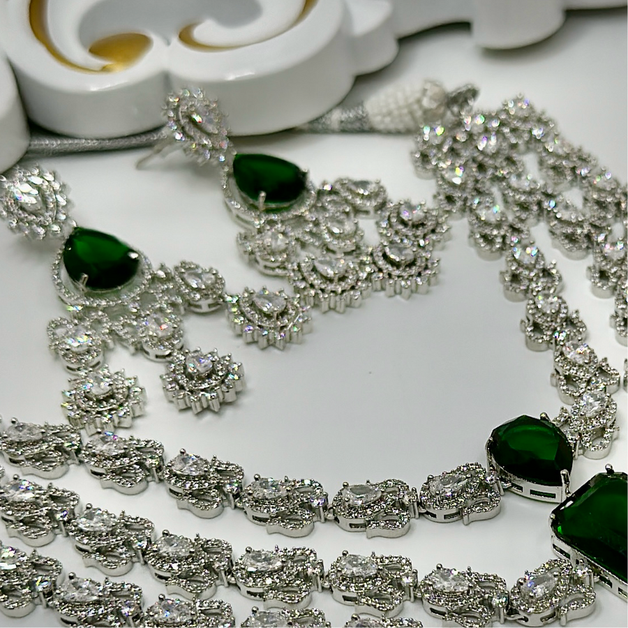 Green American Diamonds Three Layers Necklace Set