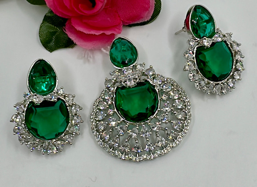 Green American Diamonds Pendant Set