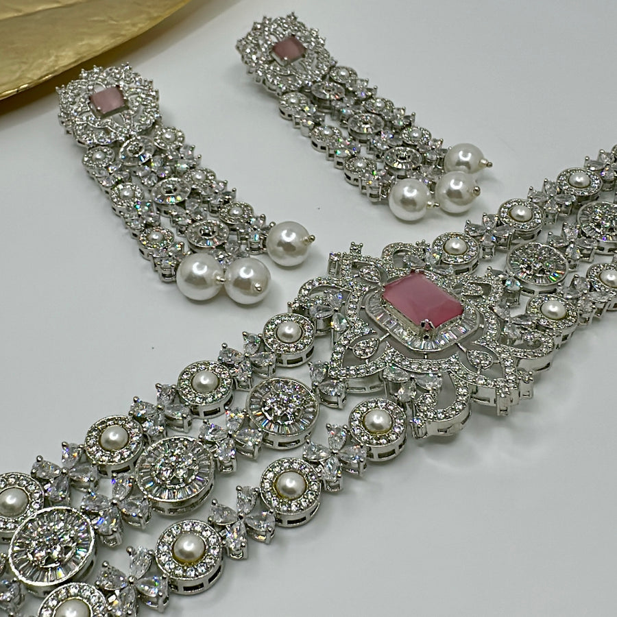 Pink American Diamonds & Pearls Choker Necklace Set