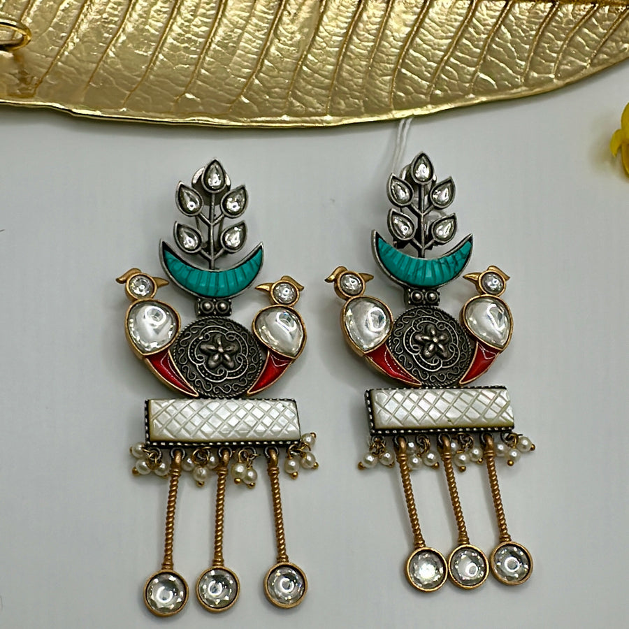 Turquoise, Red & MOP Earrings with Moissanite Kundan Drops