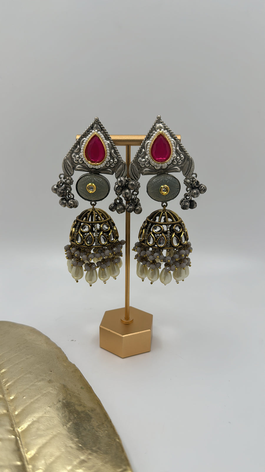 Pink Silver Lookalike Jhumka With Pearls