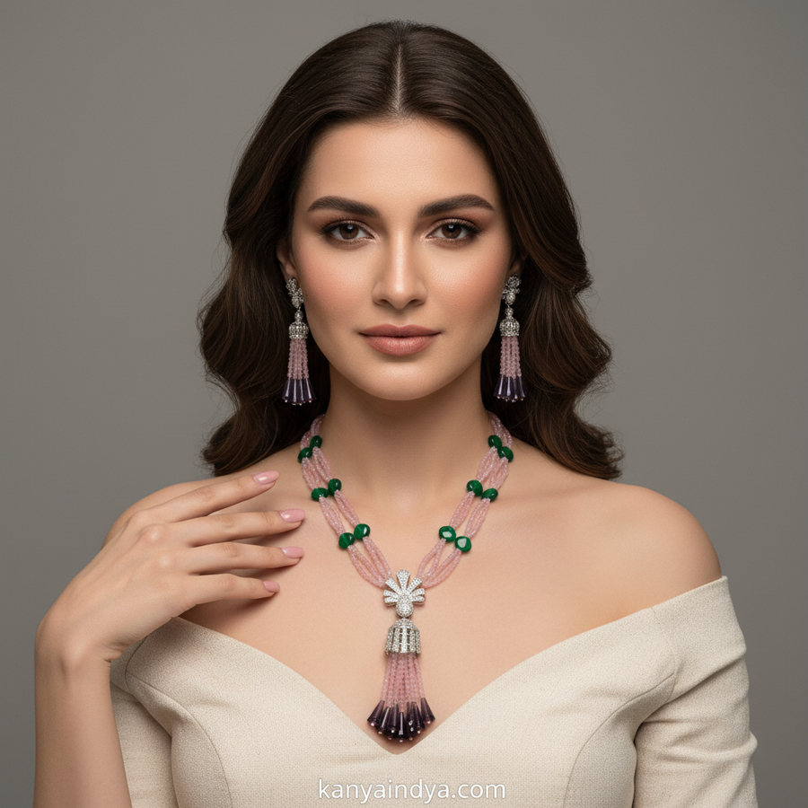 Pink Multi Cubic Zirconia AAA Cut Long Necklace Set