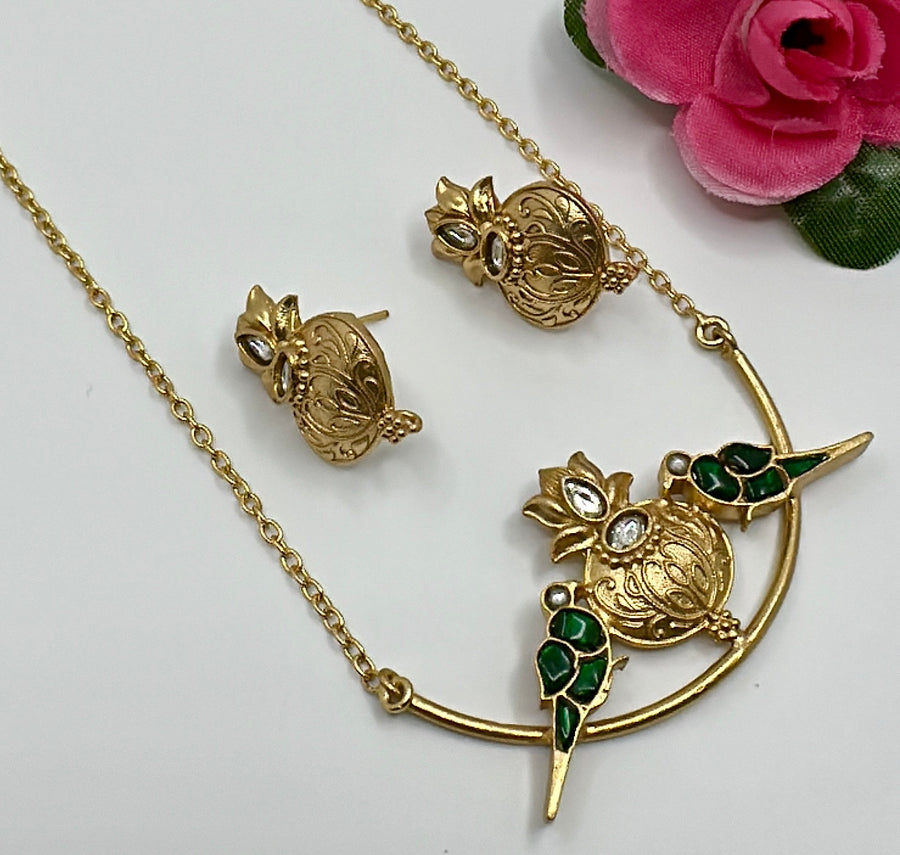 Green 92.5 Gold Polish Silver Lookalike Paachi Dainty Bird Pendant Set