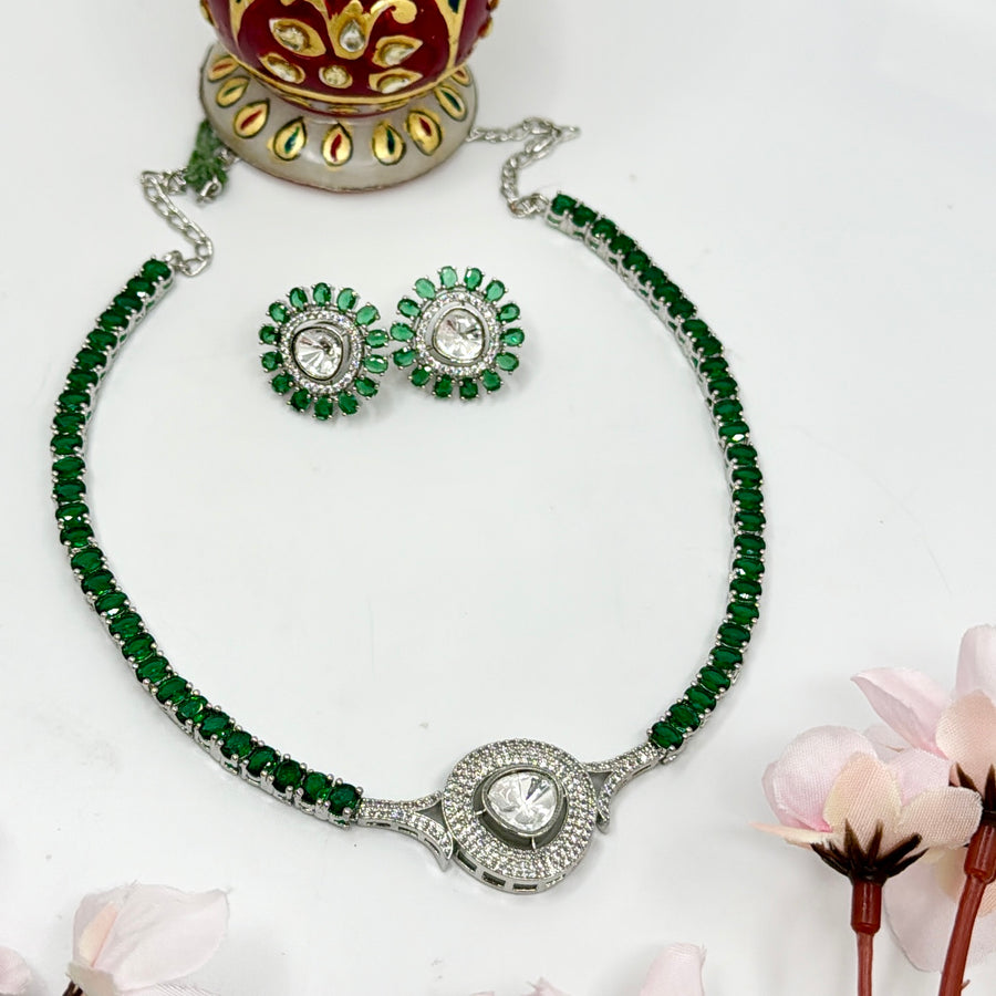 Green Kundan & American Diamonds Dainty Necklace Set