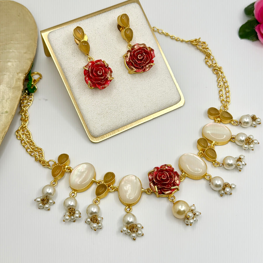 Red Rose MOP Contemporary Necklace Set