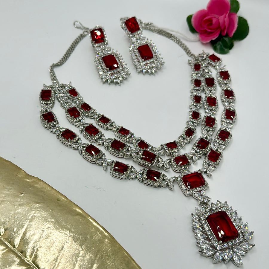 Red American Diamonds Three Layers Necklace Set