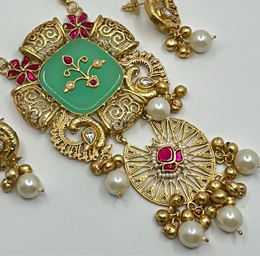 Mint 92.5 Gold Polish Silver Lookalike Ghungroo Long Necklace Set with Glass Stone & Inlay work