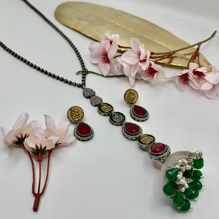 Green Red Sabya Inspired Tie Long Necklace Set