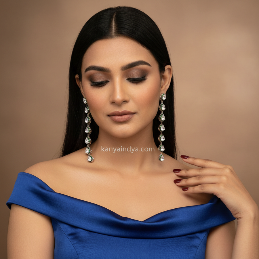 Green Italian Cubic Zirconia Long Earrings