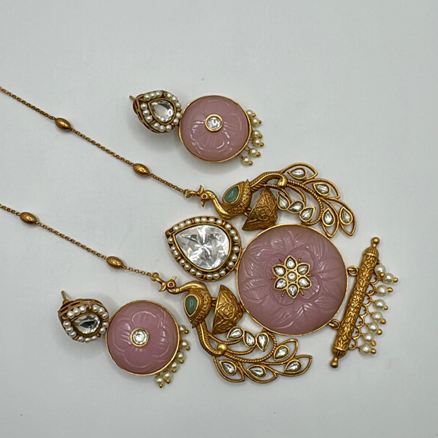 Pink Apala inspired 92.5 Polish Pink Kundan Pendant Set