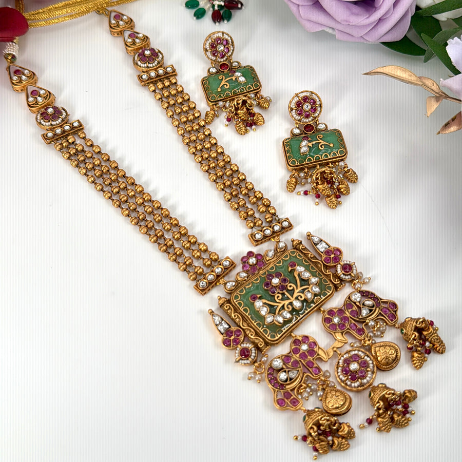 Mint Glass Stone Antique Gold Long Necklace Set