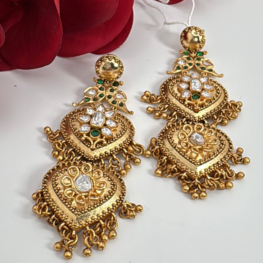Clear Antique Gold Moissanite Chand Bali Earrings