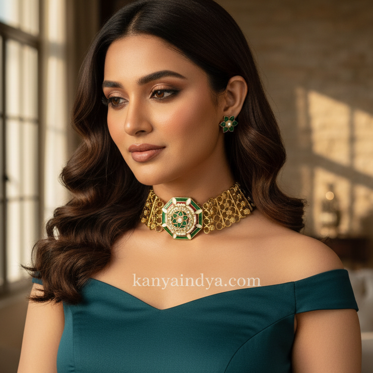 Green Enamel Moissanite Silver Lookalike Gold Choker Necklace Set