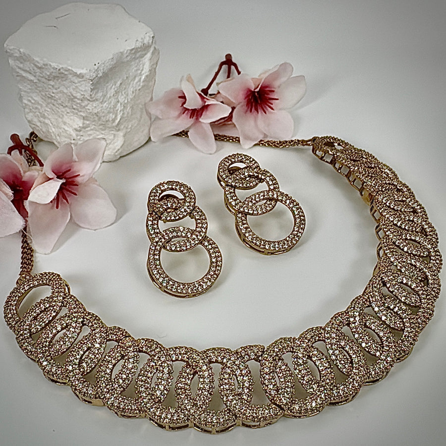 Clear Antique Gold Polish American Diamonds CZ Necklace Set