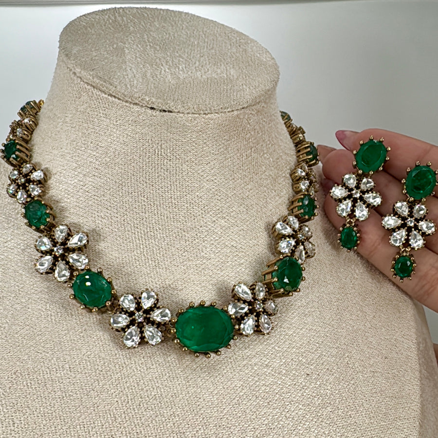 Green Doublet & Moissanite Dainty Single Layer Necklace Set