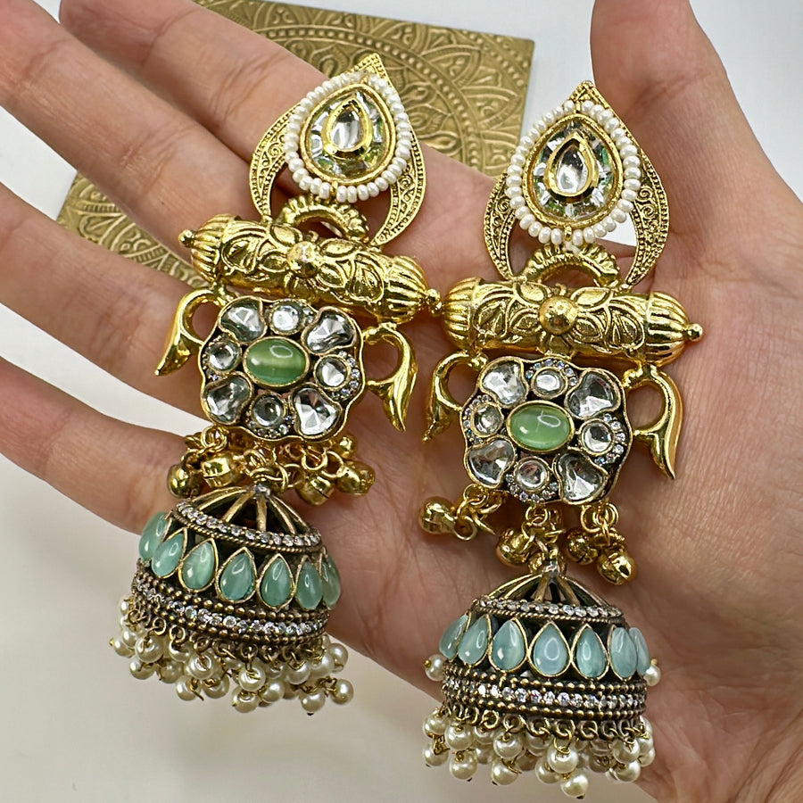 Mint Silver Lookalike Kundan & Gold Jhumka