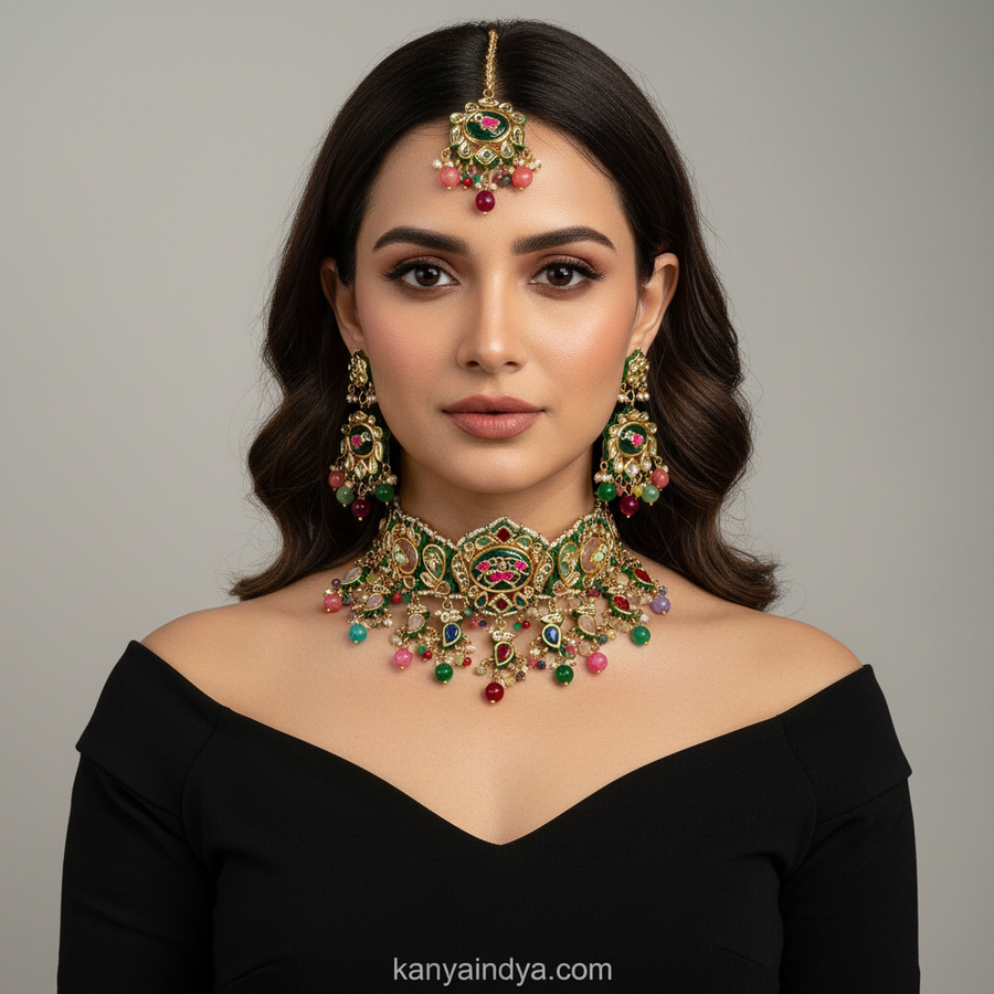 Green Multi Bikaneri Kundan Choker Necklace Set