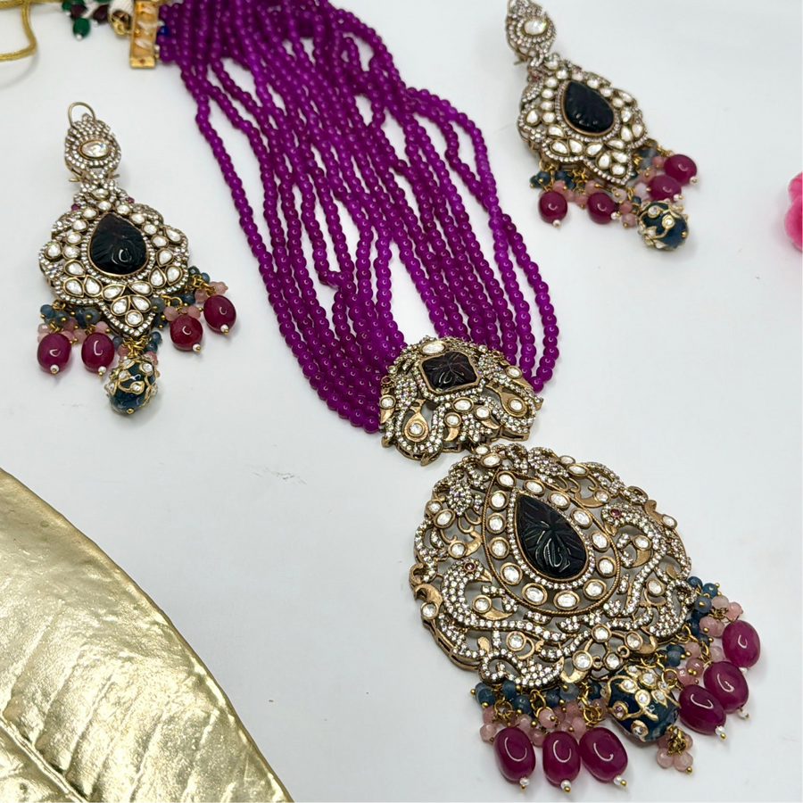 Purple Kundan Statement Long Necklace Set