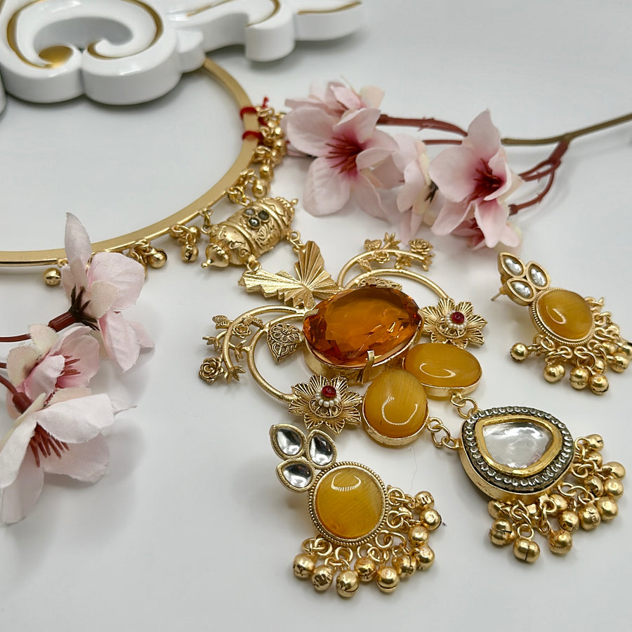 Orange & Yellow Swarovski Crystal Silver Lookalike Statement Gold Hasli Set