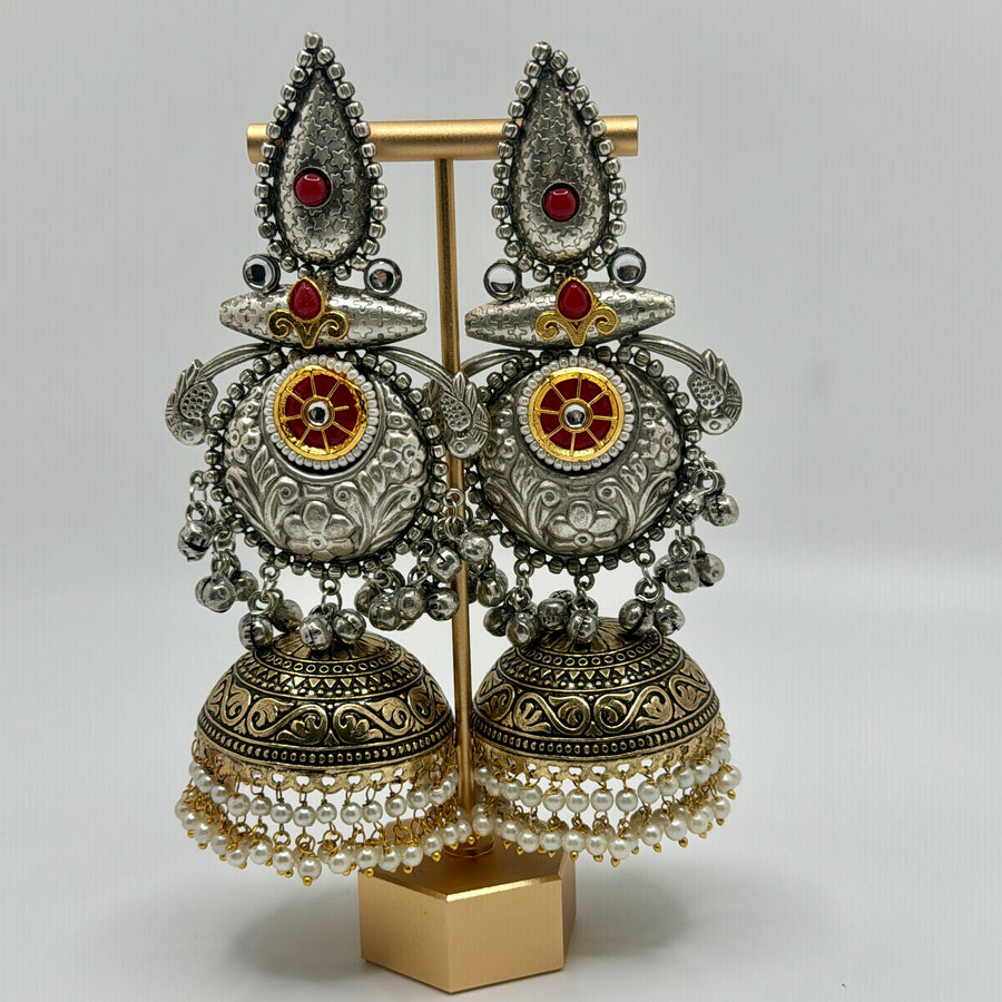 Ruby Antique Gold Silver Lookalike Jhumka