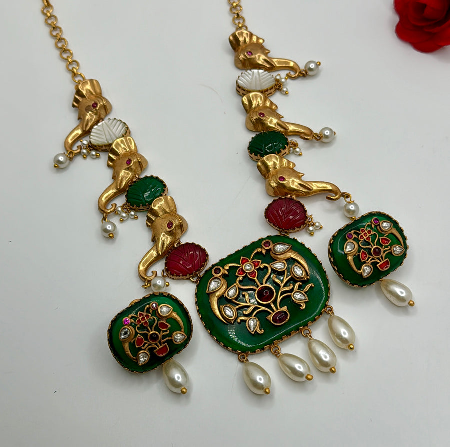 Green Glass Stone With Inlay Work Elephants Necklace Set