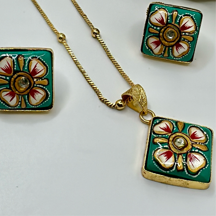 Turquoise Tanjore Pendant Set