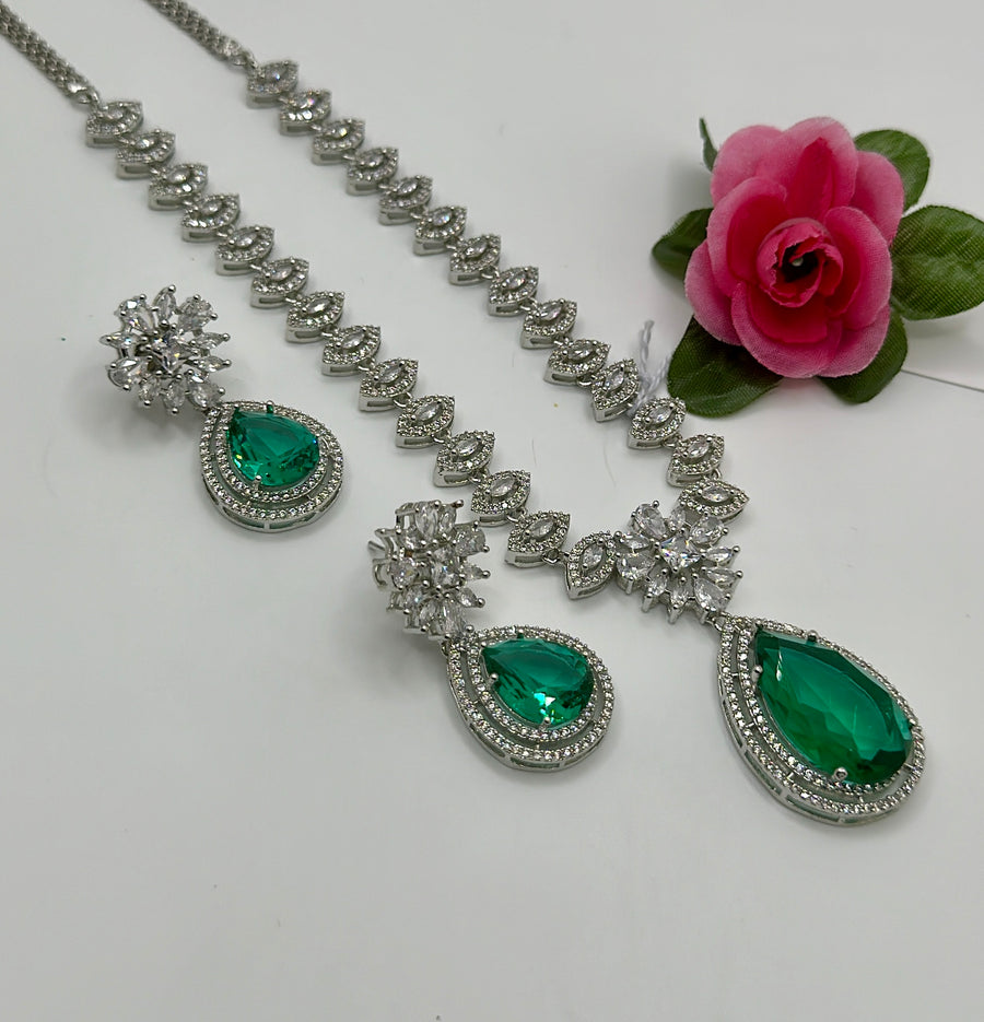 Teal American Diamond Necklace Set