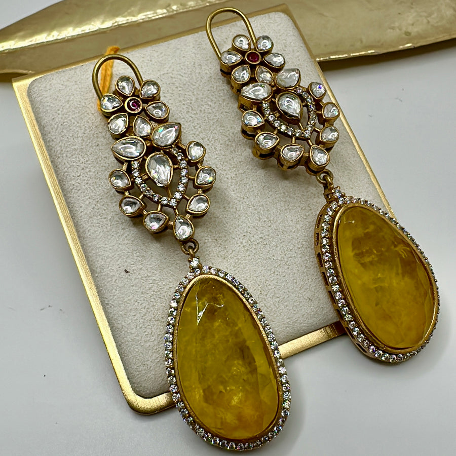 Yellow Doublets & Moissanite Kundan Earrings